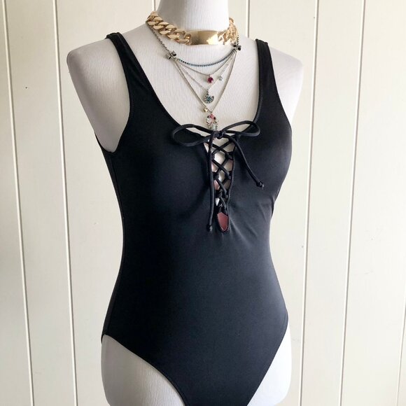 PINK Victoria's Secret Black Lace Up Swimsuit Maillot Size S - Picture 5 of 8
